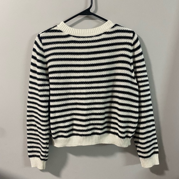 Striped Black and White Women's Sweater With Pearl Buttons - Picture 7 of 10